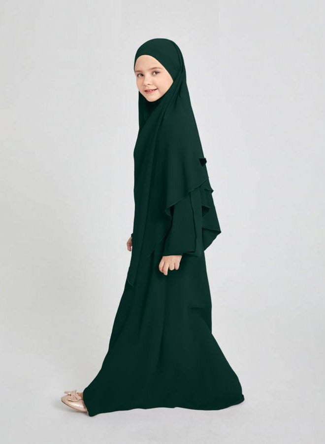 ODIZLI Kids Girls Ramadan Abaya Muslim Long Sleeve Hijab Chiffon Dress Dubai Kaftan with Pockets, Dark Green, 11-12 years - Image 3