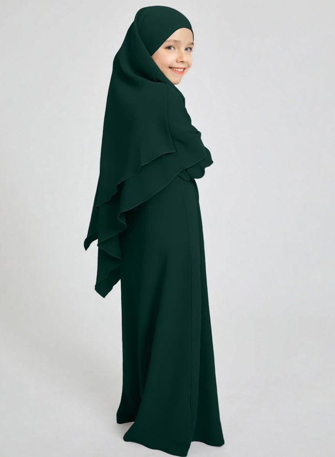 ODIZLI Kids Girls Ramadan Abaya Muslim Long Sleeve Hijab Chiffon Dress Dubai Kaftan with Pockets, Dark Green, 11-12 years - Image 4