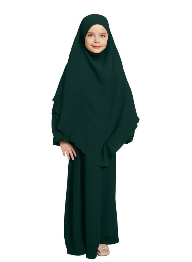 ODIZLI Kids Girls Ramadan Abaya Muslim Long Sleeve Hijab Chiffon Dress Dubai Kaftan with Pockets, Dark Green, 11-12 years - Image 1