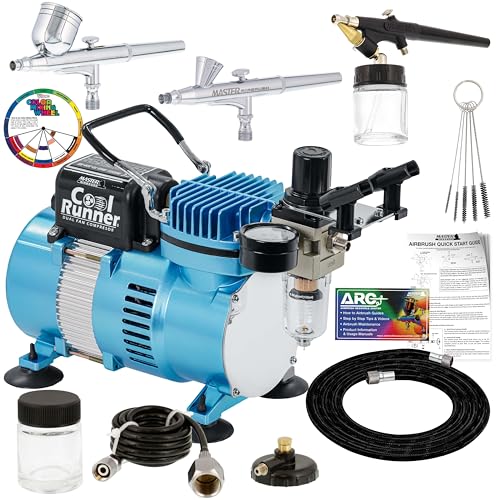 Master Airbrush Cool Runner II Airbrush Kit with Dual Fan Air Compressor, 3 Airbrushes, Cleaning Brushes, Holder, Color Mixing Wheel & How-To Air Brush Manual, Gravity & Siphon Feed - Image 1