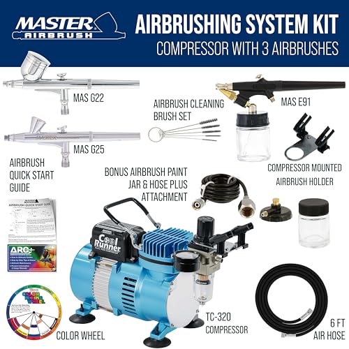 Master Airbrush Cool Runner II Airbrush Kit with Dual Fan Air Compressor, 3 Airbrushes, Cleaning Brushes, Holder, Color Mixing Wheel & How-To Air Brush Manual, Gravity & Siphon Feed - Image 2