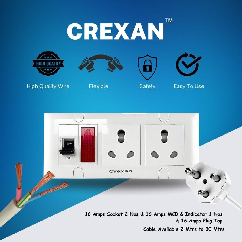 Crexan Extension Box 6A16A and 15002500W16A MCB 1 Power Indicator and 16 Amp Socket with Safety Shutter 2 16 Amps Big Plug 25 Sqmm 3 Core White Copper Wire 2500W 16A Big Plug 4 Meter - Image 2