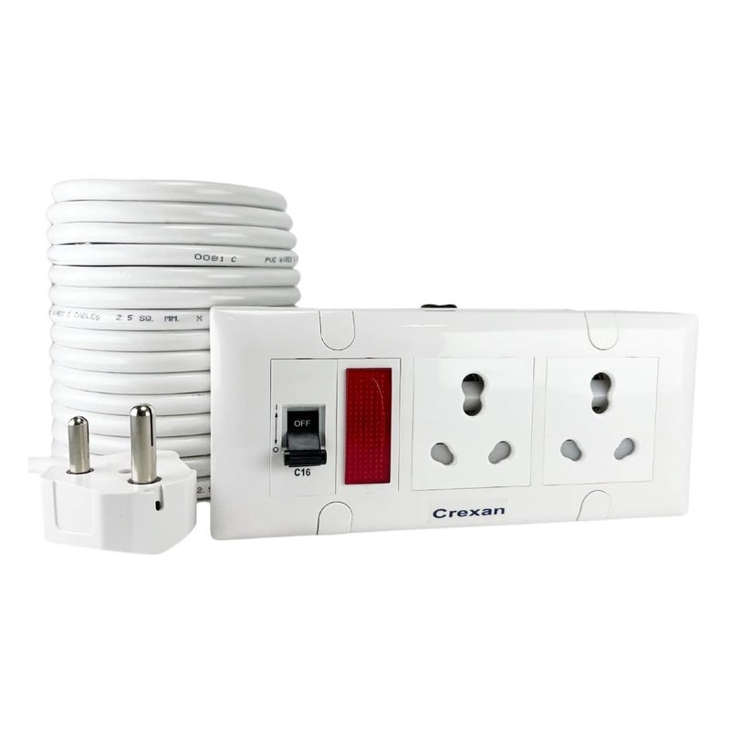 Crexan Extension Box 6A16A and 15002500W16A MCB 1 Power Indicator and 16 Amp Socket with Safety Shutter 2 16 Amps Big Plug 25 Sqmm 3 Core White Copper Wire 2500W 16A Big Plug 4 Meter - Image 1