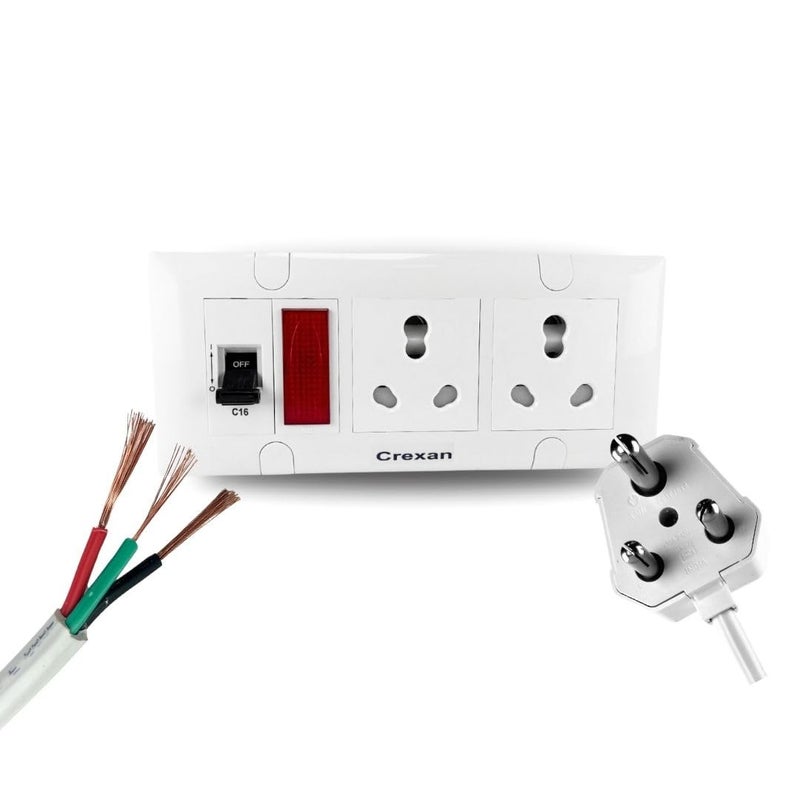 Crexan Extension Box 6A16A and 15002500W16A MCB 1 Power Indicator and 16 Amp Socket with Safety Shutter 2 16 Amps Big Plug 25 Sqmm 3 Core White Copper Wire 2500W 16A Big Plug 4 Meter - Image 4