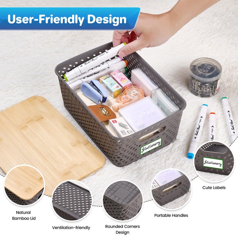 Anysig 8 Packs Plastic Storage Bins with Bamboo Lids - Stackable Storage Bins Decorative Small Basket Containers for Organizing Shelves Office Classroom Desktop Closet, Grey - Image 3