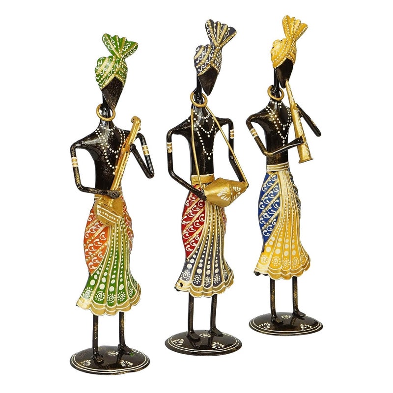 OVIK Rajasthani Tribal Metal Handicraft Muisician Showpiece Statue Table Decorative Items for HomeAntique Gift Items Showpiece Home Decoration Items Set Of 3 - Image 3