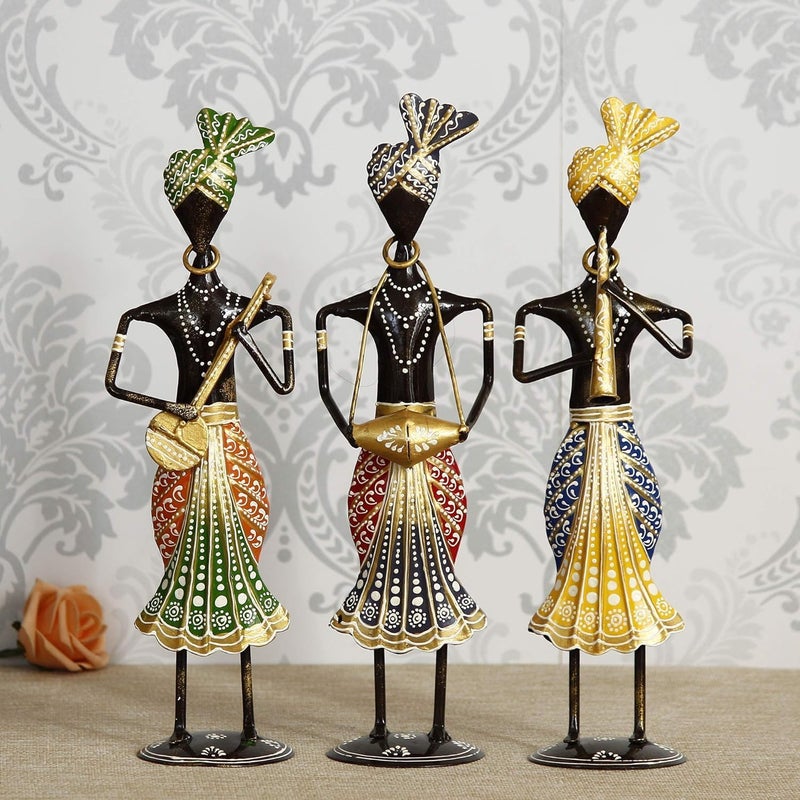 OVIK Rajasthani Tribal Metal Handicraft Muisician Showpiece Statue Table Decorative Items for HomeAntique Gift Items Showpiece Home Decoration Items Set Of 3 - Image 1