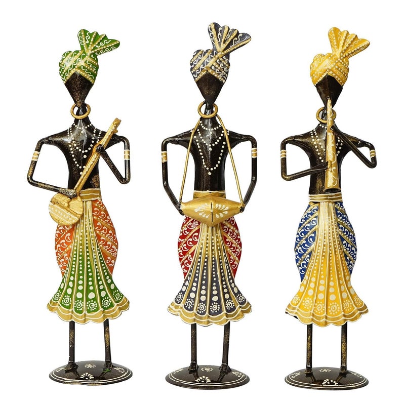 OVIK Rajasthani Tribal Metal Handicraft Muisician Showpiece Statue Table Decorative Items for HomeAntique Gift Items Showpiece Home Decoration Items Set Of 3 - Image 2