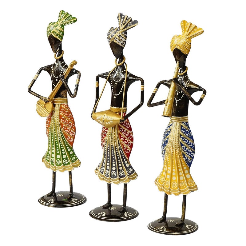 OVIK Rajasthani Tribal Metal Handicraft Muisician Showpiece Statue Table Decorative Items for HomeAntique Gift Items Showpiece Home Decoration Items Set Of 3 - Image 4