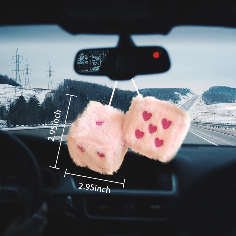 ORNALES Heart Embroidered Fuzzy Dice for Car Mirror, Pair of 3" Soft Plush Hanging Dice, Vintage Couple Car Decoration Accessories, Rearview Mirror Ornament(Pink Rose Red Dots) - Image 3