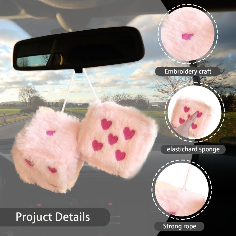 ORNALES Heart Embroidered Fuzzy Dice for Car Mirror, Pair of 3" Soft Plush Hanging Dice, Vintage Couple Car Decoration Accessories, Rearview Mirror Ornament(Pink Rose Red Dots) - Image 2
