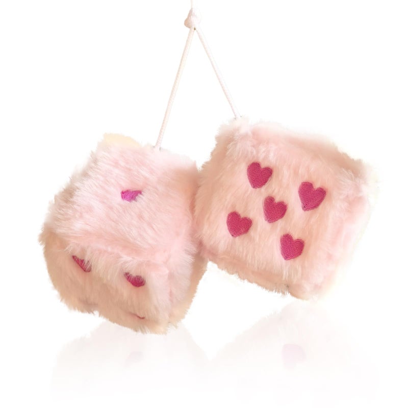 ORNALES Heart Embroidered Fuzzy Dice for Car Mirror, Pair of 3" Soft Plush Hanging Dice, Vintage Couple Car Decoration Accessories, Rearview Mirror Ornament(Pink Rose Red Dots) - Image 1
