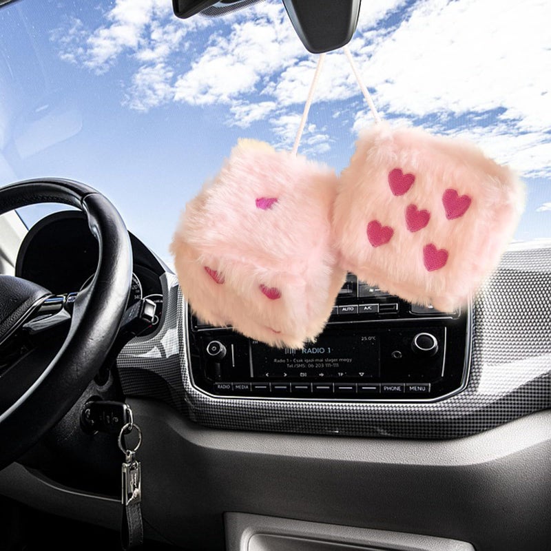 ORNALES Heart Embroidered Fuzzy Dice for Car Mirror, Pair of 3" Soft Plush Hanging Dice, Vintage Couple Car Decoration Accessories, Rearview Mirror Ornament(Pink Rose Red Dots) - Image 4