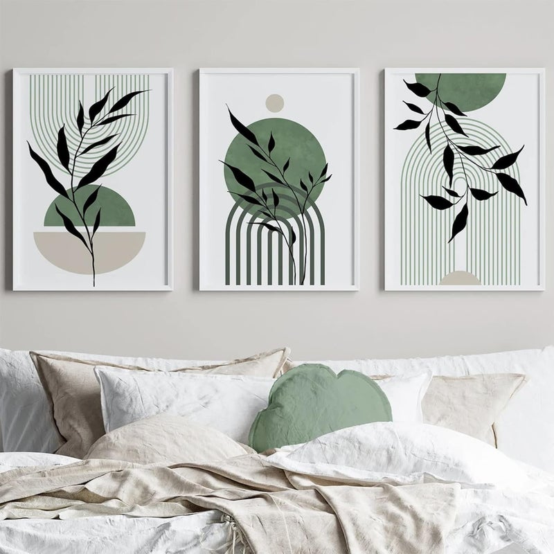 Baccone Mid Century Modern Wall Art Set of 3 Sage Green Canvas Wall Art Boho Prints - Image 1