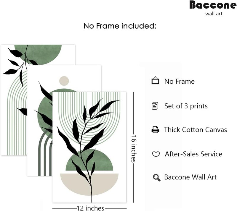 Baccone Mid Century Modern Wall Art Set of 3 Sage Green Canvas Wall Art Boho Prints - Image 2