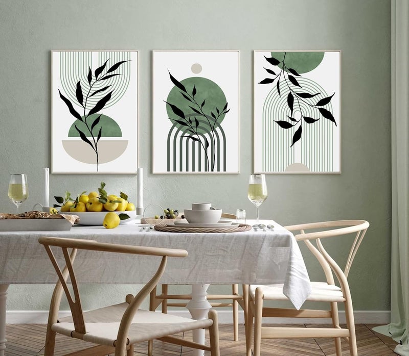 Baccone Mid Century Modern Wall Art Set of 3 Sage Green Canvas Wall Art Boho Prints - Image 3