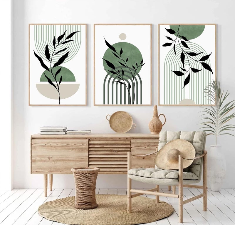 Baccone Mid Century Modern Wall Art Set of 3 Sage Green Canvas Wall Art Boho Prints - Image 4