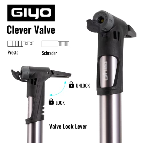 Giyo مضخة إطارات الدراجة GIYO | 2 مرحلة HP HV 120 PSI كحد أقصى | صمام ذكي يناسب بريستا وشرايدر | للدراجات الجبلية والدراجات على الطريق مثبتة على الإطار (GP992) مصنوعة في تايوان - Image 3