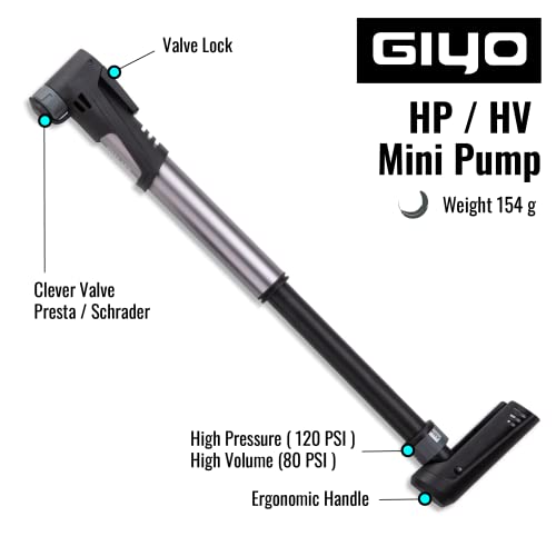 Giyo مضخة إطارات الدراجة GIYO | 2 مرحلة HP HV 120 PSI كحد أقصى | صمام ذكي يناسب بريستا وشرايدر | للدراجات الجبلية والدراجات على الطريق مثبتة على الإطار (GP992) مصنوعة في تايوان - Image 4