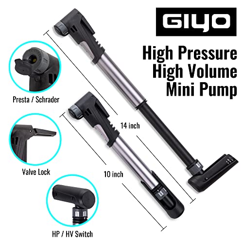 Giyo مضخة إطارات الدراجة GIYO | 2 مرحلة HP HV 120 PSI كحد أقصى | صمام ذكي يناسب بريستا وشرايدر | للدراجات الجبلية والدراجات على الطريق مثبتة على الإطار (GP992) مصنوعة في تايوان - Image 2