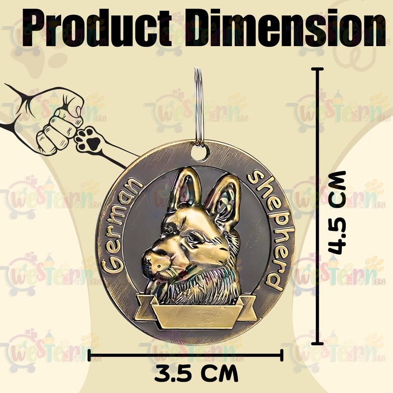 Western Era علامة برونزية لجرو الراعي الألماني مع وجه كلب محفور - علامة تعريف حيوانات أليفة معدنية متينة، أنيقة، قوية، تدوم طويلاً، مقاومة للخدوش، خفيفة الوزن، يمكن ربطها بعنق الكلب لإضافة أسلوب وأمان إضافي - Image 4
