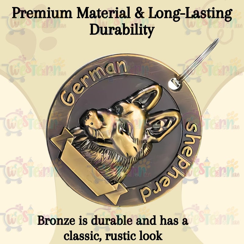 Western Era علامة برونزية لجرو الراعي الألماني مع وجه كلب محفور - علامة تعريف حيوانات أليفة معدنية متينة، أنيقة، قوية، تدوم طويلاً، مقاومة للخدوش، خفيفة الوزن، يمكن ربطها بعنق الكلب لإضافة أسلوب وأمان إضافي - Image 5