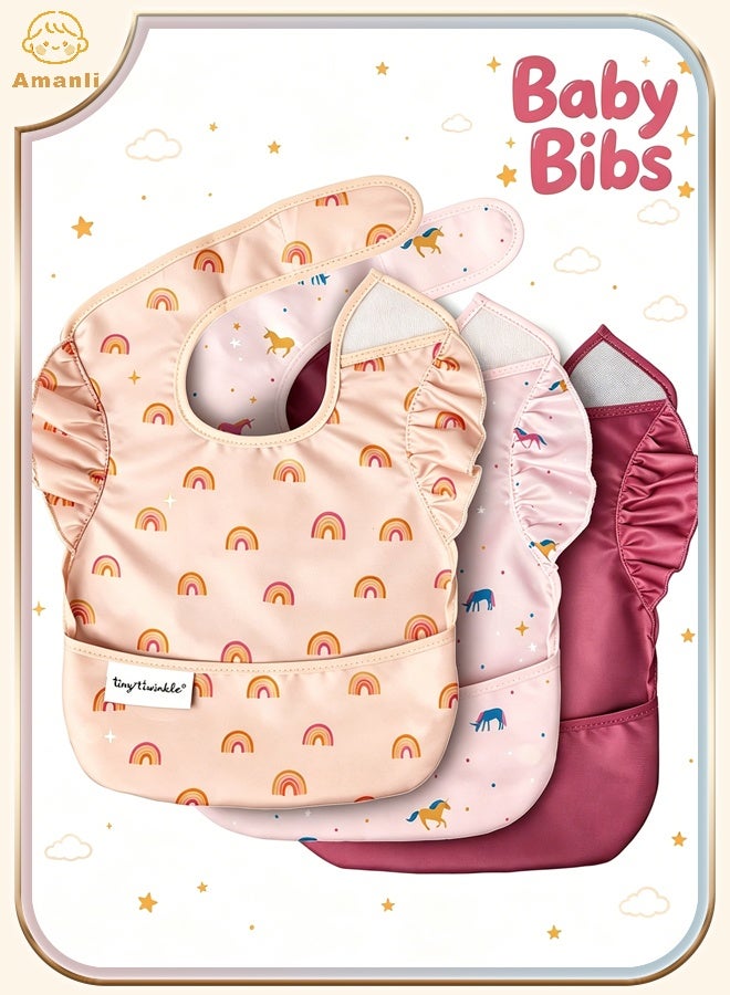 Amanli Mess-Proof Baby Bibs for Eating | Waterproof, Wipeable Toddler Bibs with Catch-All Pocket | Feeding Bibs for Girls & Boys(3 Pack,Unicorn) - Image 1
