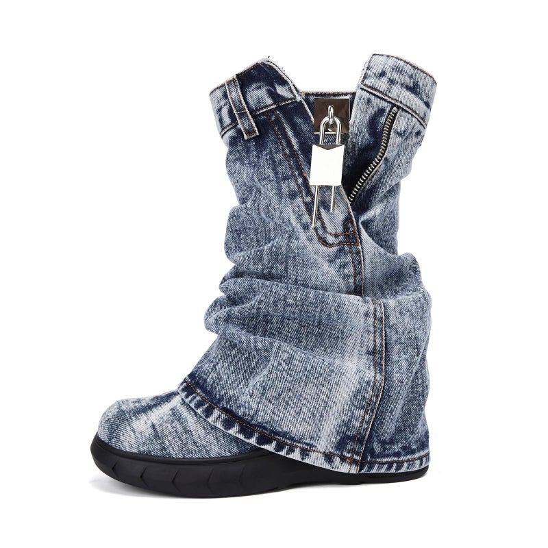 CAGLGLZ Mid Calf Denim Boots for Women Round Toe Fold Over Jeans Booties with Padlock Thick Bottom Platform Boots Vintage Fashion Western Cowboy Shoes(Blue,9.5) - Image 1