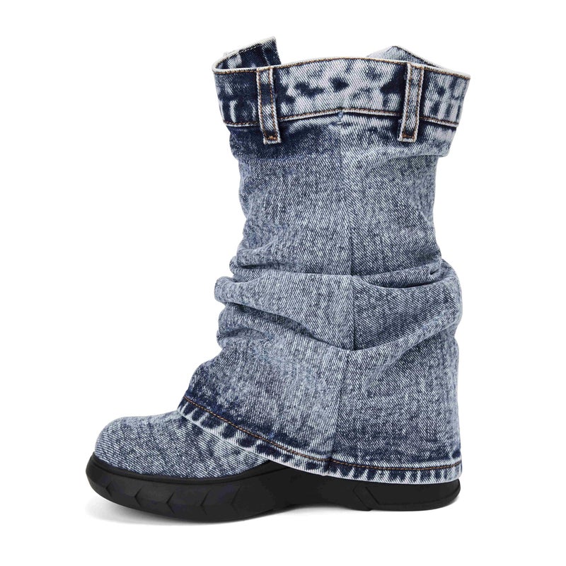 CAGLGLZ Mid Calf Denim Boots for Women Round Toe Fold Over Jeans Booties with Padlock Thick Bottom Platform Boots Vintage Fashion Western Cowboy Shoes(Blue,9.5) - Image 5