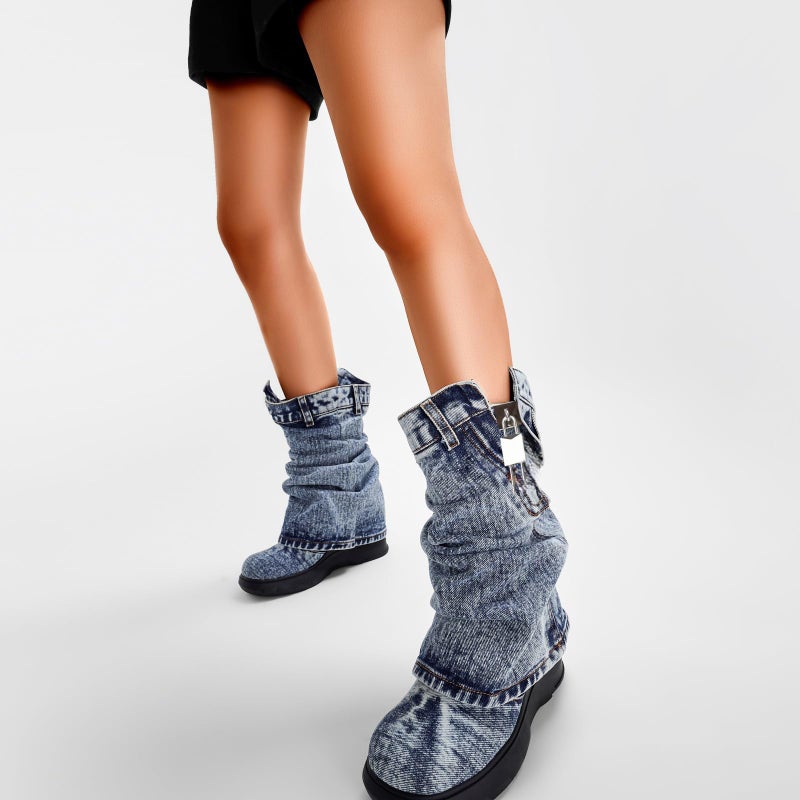 CAGLGLZ Mid Calf Denim Boots for Women Round Toe Fold Over Jeans Booties with Padlock Thick Bottom Platform Boots Vintage Fashion Western Cowboy Shoes(Blue,9.5) - Image 3