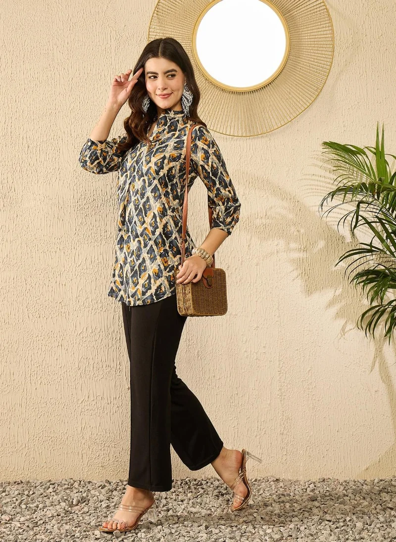 ZERESOUQ Blue Viscose Rayon Abstract Printed Tunic Top