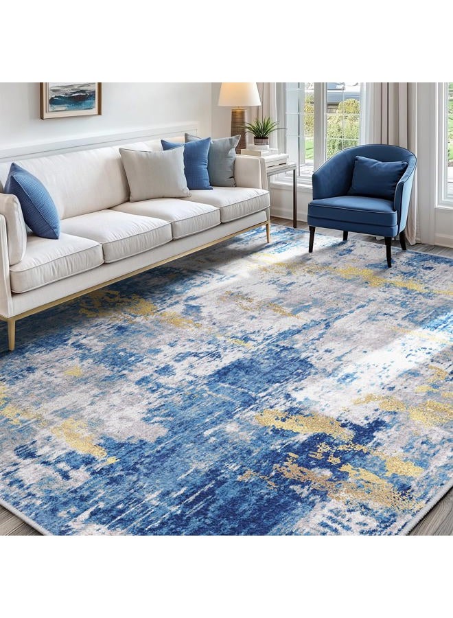 RELEANY Washable Area Rugs 9'x12' Non-Slip Modern Abstract Soft for Living Room Entryway Bedroom Nursery, Print Pattern, Grey Blue Gold/Golden - Image 2