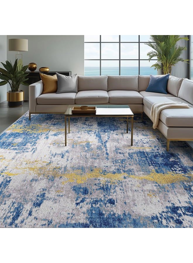 Washable Area Rugs 9'x12' Non-Slip Modern Abstract Soft for Living Room Entryway Bedroom Nursery, Print Pattern, Grey Blue Gold/Golden