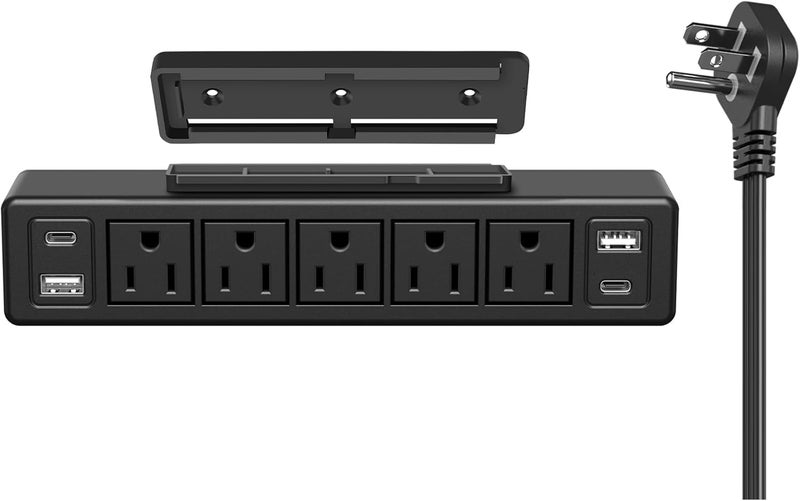 شريط طاقة قابل للتثبيت تحت المكتب بقدرة 1.40 واط، شريط طاقة بمقبس USB-C سريع الشحن بقدرة 20 واط ومزود بحماية ضد الصدمات الكهربائية بقدرة 1200 جول، يحتوي على 9 منافذ للكهرباء، 2 منفذ USB-C و2 منفذ USB-A، كابل تمديد بطول 6 أقدام باللون الأسود. - Image 1