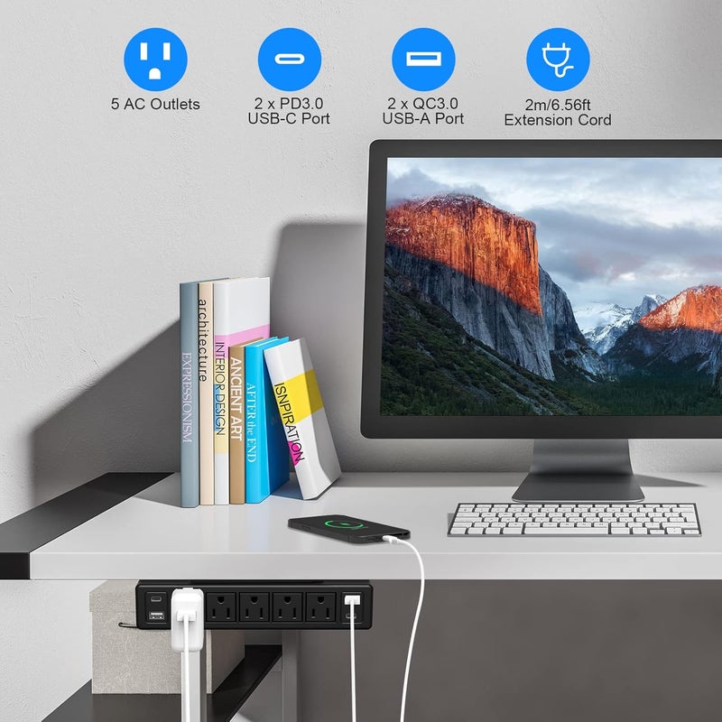 شريط طاقة قابل للتثبيت تحت المكتب بقدرة 1.40 واط، شريط طاقة بمقبس USB-C سريع الشحن بقدرة 20 واط ومزود بحماية ضد الصدمات الكهربائية بقدرة 1200 جول، يحتوي على 9 منافذ للكهرباء، 2 منفذ USB-C و2 منفذ USB-A، كابل تمديد بطول 6 أقدام باللون الأسود. - Image 3