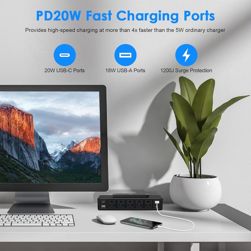 شريط طاقة قابل للتثبيت تحت المكتب بقدرة 1.40 واط، شريط طاقة بمقبس USB-C سريع الشحن بقدرة 20 واط ومزود بحماية ضد الصدمات الكهربائية بقدرة 1200 جول، يحتوي على 9 منافذ للكهرباء، 2 منفذ USB-C و2 منفذ USB-A، كابل تمديد بطول 6 أقدام باللون الأسود. - Image 2