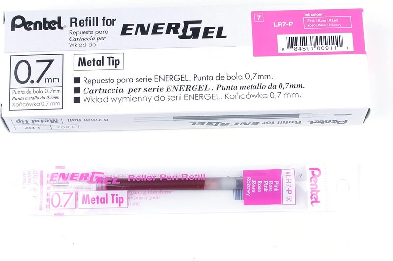 Pentel Refill Ink For EnerGel and Lancelot Gel Pen, (0.7mm) Metal Tip, Pink Ink, Pack of 12 (LR7-P) - Image 1