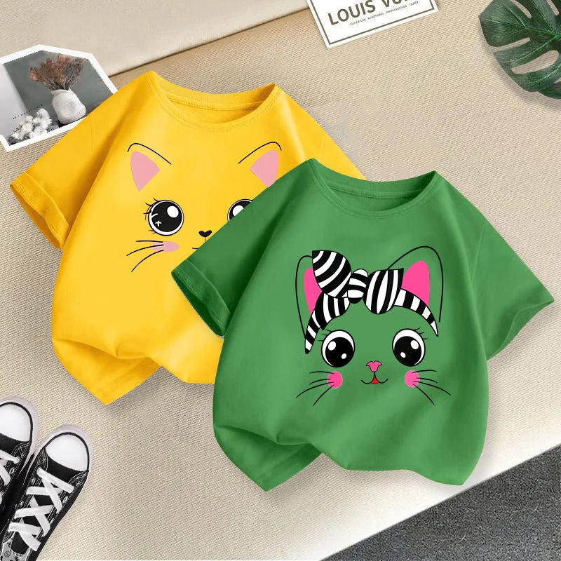 2026 New Girls' Short-Sleeved Children'S T-Shirt With Cute Cat Print, Korean Style Top For Young Children, Summer Fashion Trend - Image 4
