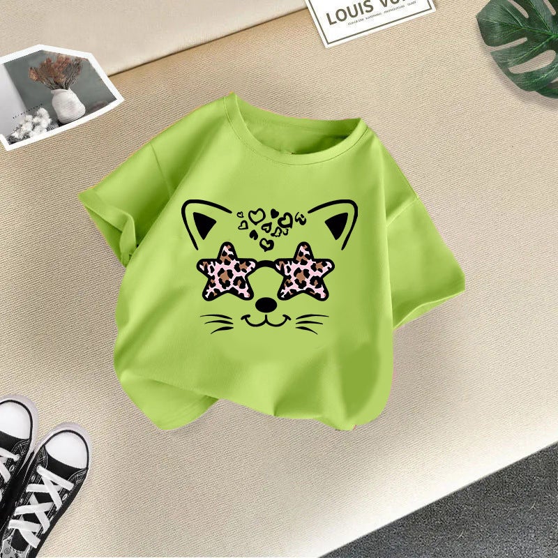 2026 New Girls' Short-Sleeved Children'S T-Shirt With Cute Cat Print, Korean Style Top For Young Children, Summer Fashion Trend - Image 1