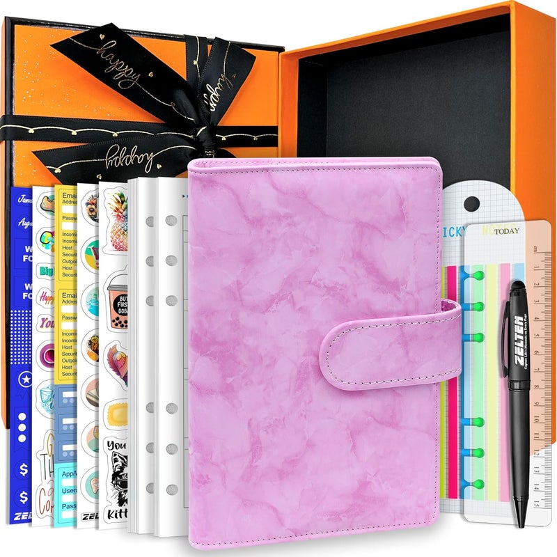 Zelten PU Leather Personal Notebook Planner with 80 Pages Loose-Leaf Papers 6 Holes Ring Binder Pen Holder Magnetic Buckle (Pink Marble, A6 Gift Box) - Image 1