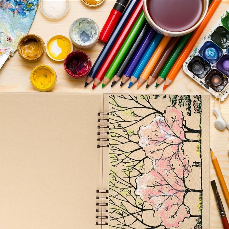 كاست ويف 1 عبوة من قطعتين، دفتر رسم بلون بني فاتح مقاس 9×12 بوصة، ورق مختلط الوسائط بتجليد حلزوني، دفتر كرافت بغلاف صلب خالٍ من الأحماض، ورقة رسم بنية اللون للجرافيت والفحم، لوازم رسم فنية للفنانين - Image 4