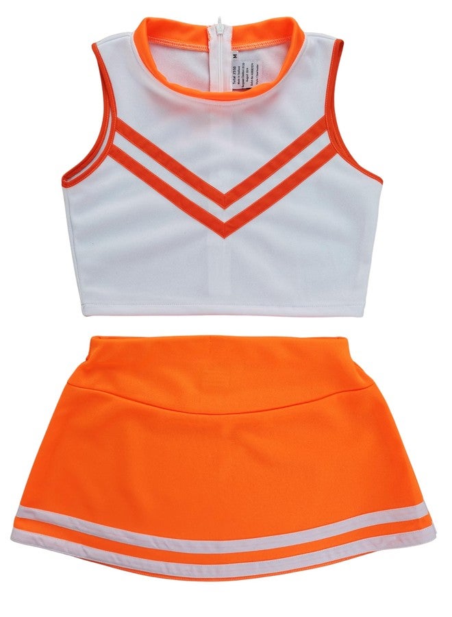 Total 2550 Girls' Kids Children Dress Cheerleader Costume Uniform Cheerleading Outfit Halloween V-Stripes (Neon Orange/White, L / 8-10) - Image 1