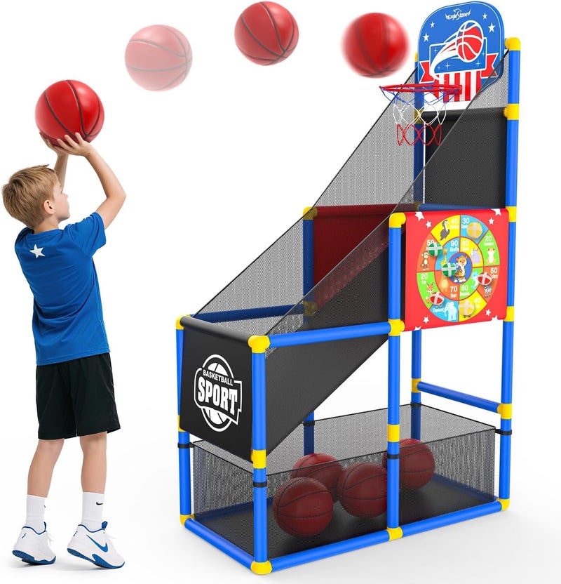 EagleStone 2-in-1 Kids Arcade Basketball Hoop with Dart Board,4 Balls Adjustable Height Basketball Toy Indoor Outdoor Carnival Games Gift for Boys Girls Toddlers Ages 3-12 Years Old,Pump Included - Image 1