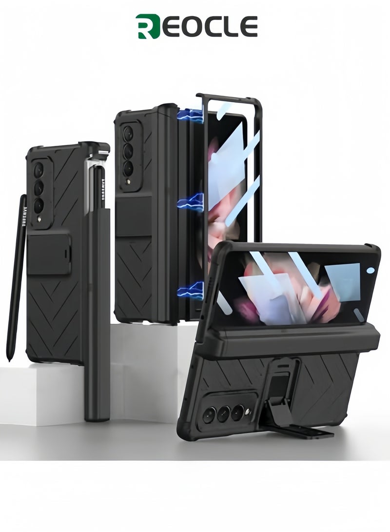 REOCLE Phone Case Phone Cover Magnetic Armor All-included Slide Pen Case with Back Screen Glass Hinge Holder Phone Cover for Samsung Galaxy Z Fold 5 - Image 1