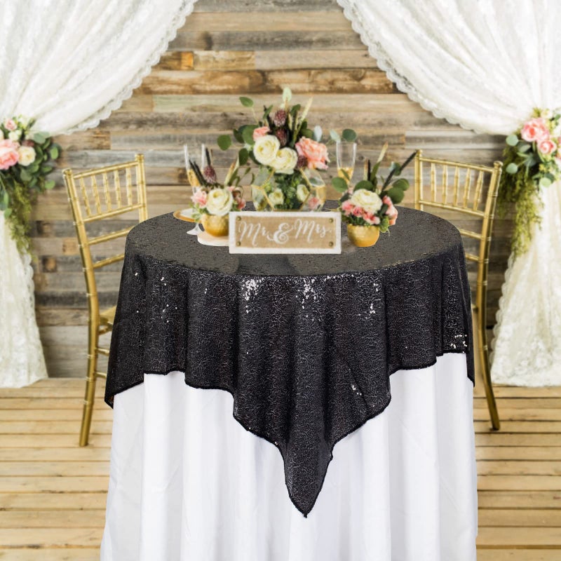 ShiDianYi 50x50 Square Black Sequin Tablecloth Glitter Overlays Fabric Table Cloth Runners for Gatsby Wedding Glam Decor Vintage Weddings