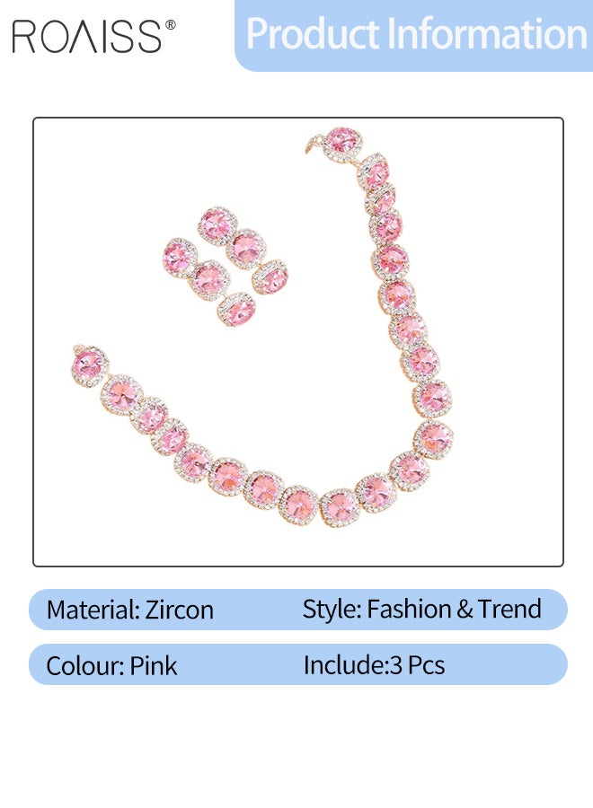 roaiss 3 Pcs Pink Zircon Necklaces and Earrings, Sparkling Square Choker and Pink Tassel Earrings Suitable for Women Daily Wear, Weddings, Parties and Other Occasions - Image 2