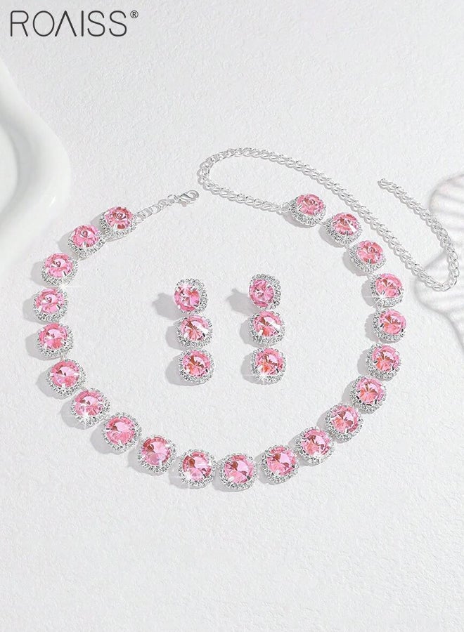 roaiss 3 Pcs Pink Zircon Necklaces and Earrings, Sparkling Square Choker and Pink Tassel Earrings Suitable for Women Daily Wear, Weddings, Parties and Other Occasions - Image 5