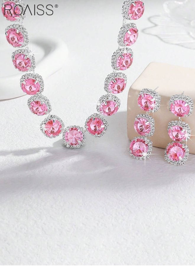 roaiss 3 Pcs Pink Zircon Necklaces and Earrings, Sparkling Square Choker and Pink Tassel Earrings Suitable for Women Daily Wear, Weddings, Parties and Other Occasions - Image 4