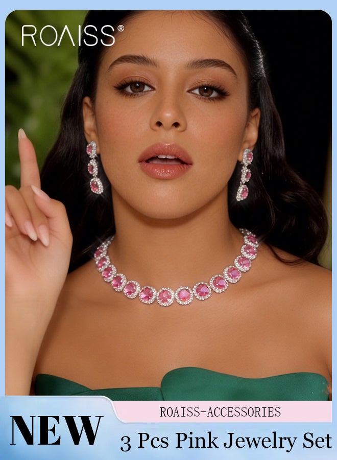 roaiss 3 Pcs Pink Zircon Necklaces and Earrings, Sparkling Square Choker and Pink Tassel Earrings Suitable for Women Daily Wear, Weddings, Parties and Other Occasions - Image 1