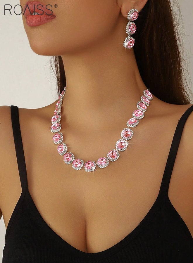 roaiss 3 Pcs Pink Zircon Necklaces and Earrings, Sparkling Square Choker and Pink Tassel Earrings Suitable for Women Daily Wear, Weddings, Parties and Other Occasions - Image 3